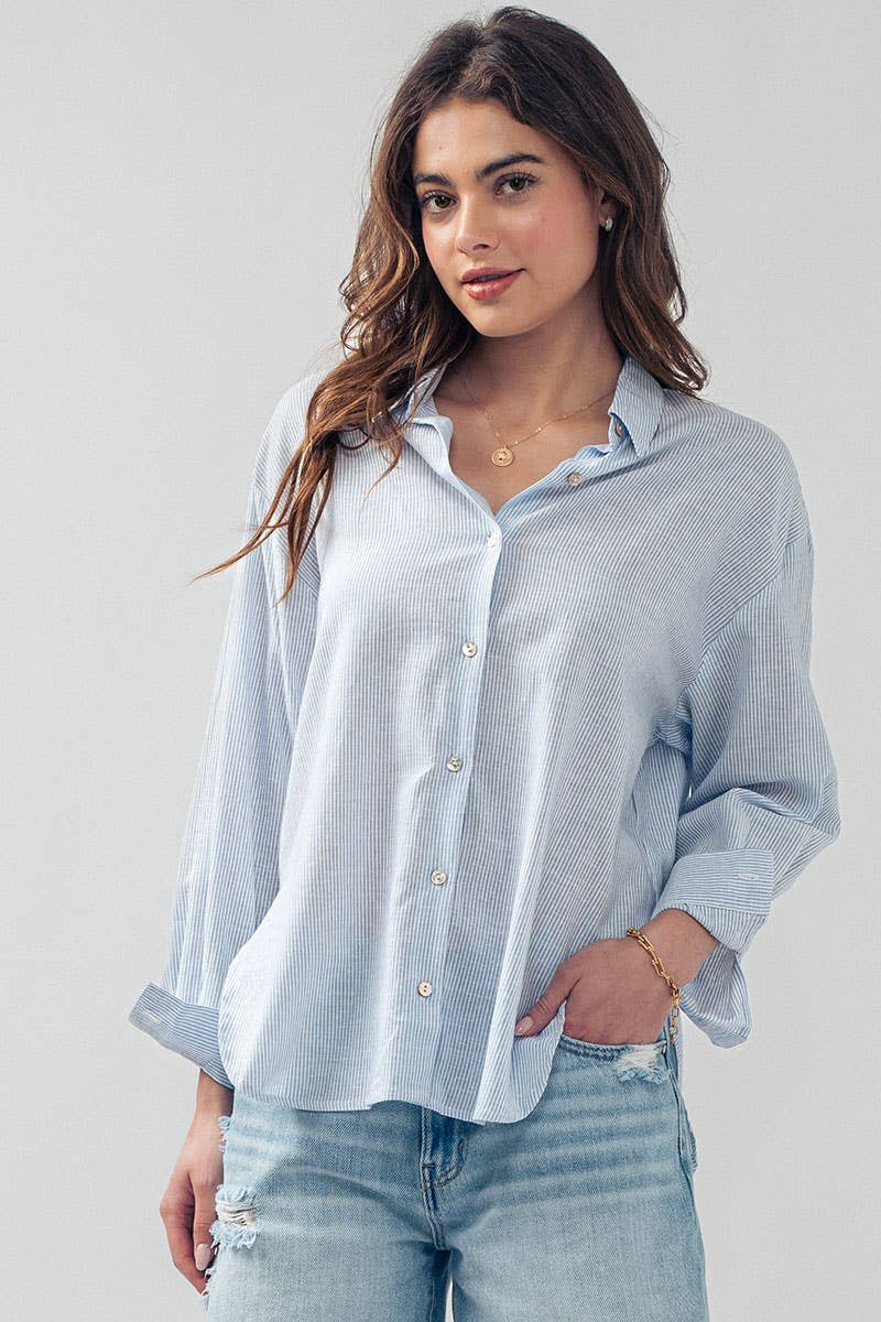 Lightweight Pinstripe Button Down in Cotton Linen Blend