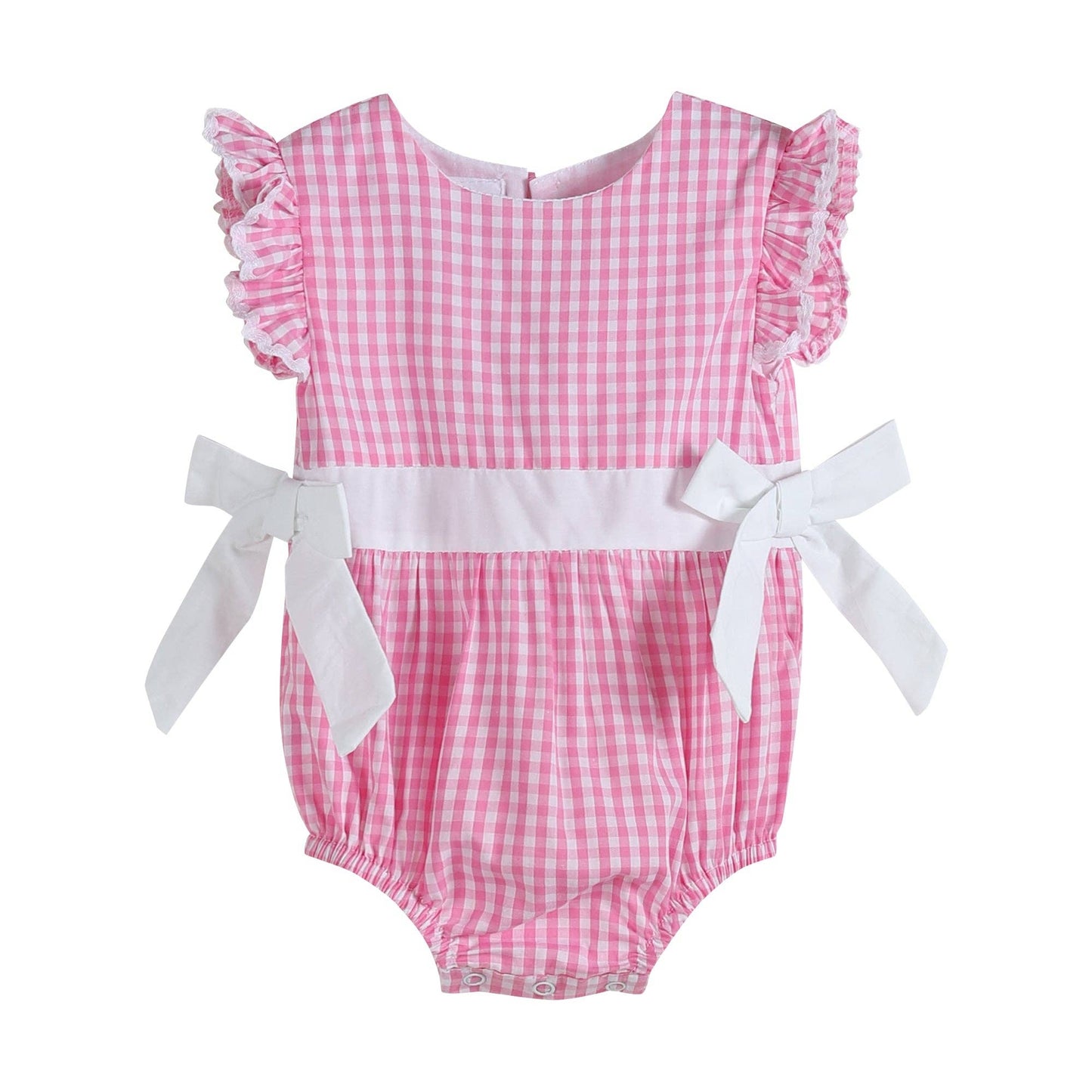 Pink Gingham Ruffle and Bow Baby Romper