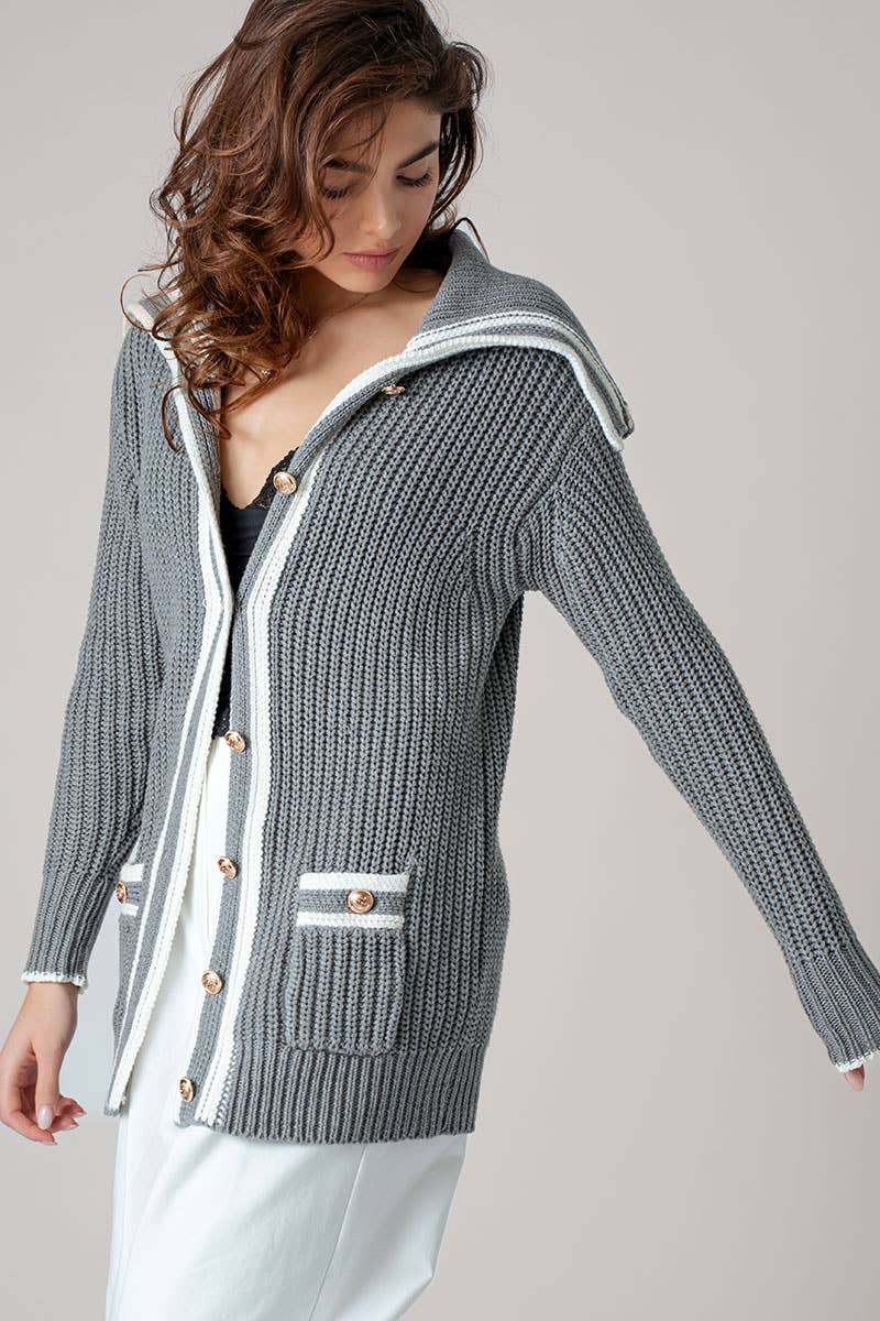 Sailor Collar Striped Trim Button Cardigan Top