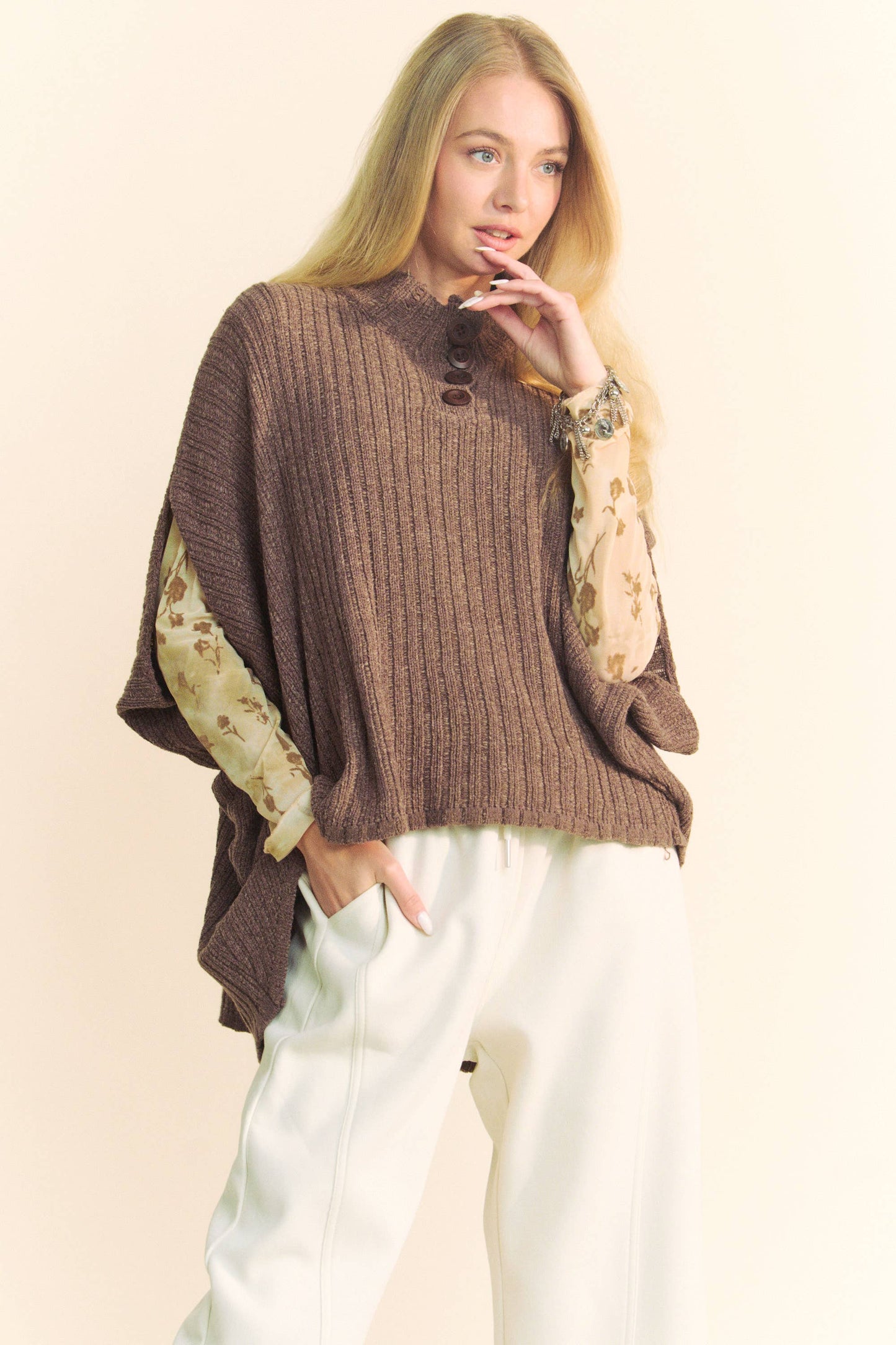 SOLID CREW NECK MIDI SLIT SLEEVE BUTTON SWEATER