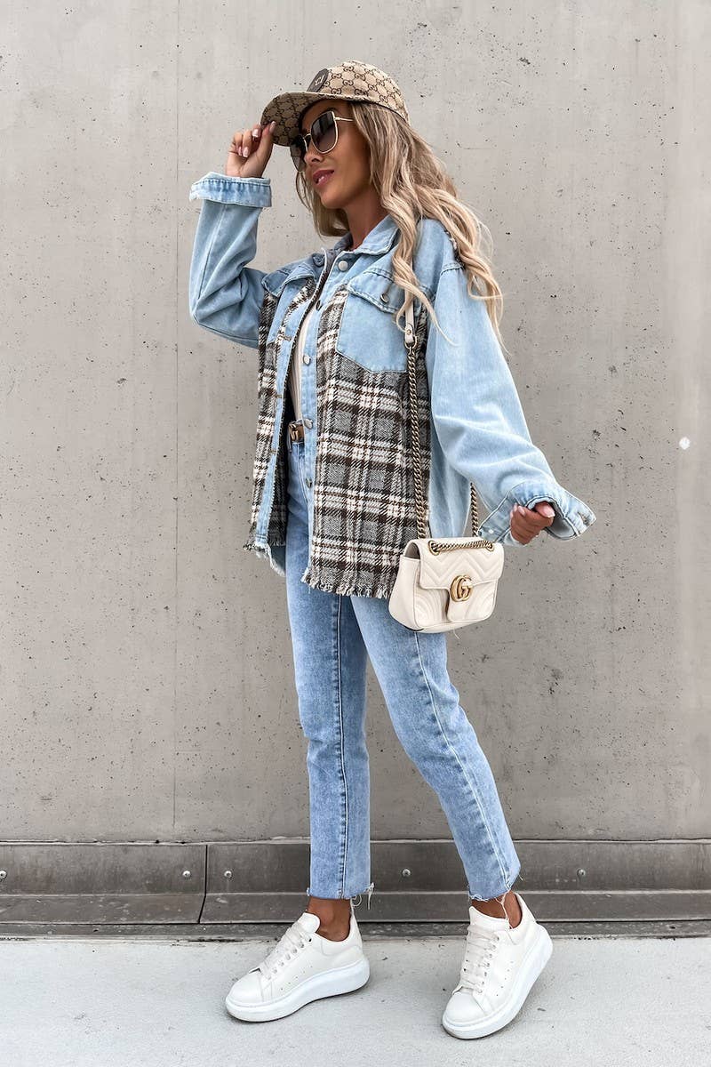 WOMEN DENIM PATCHWORK PLAID JACKET