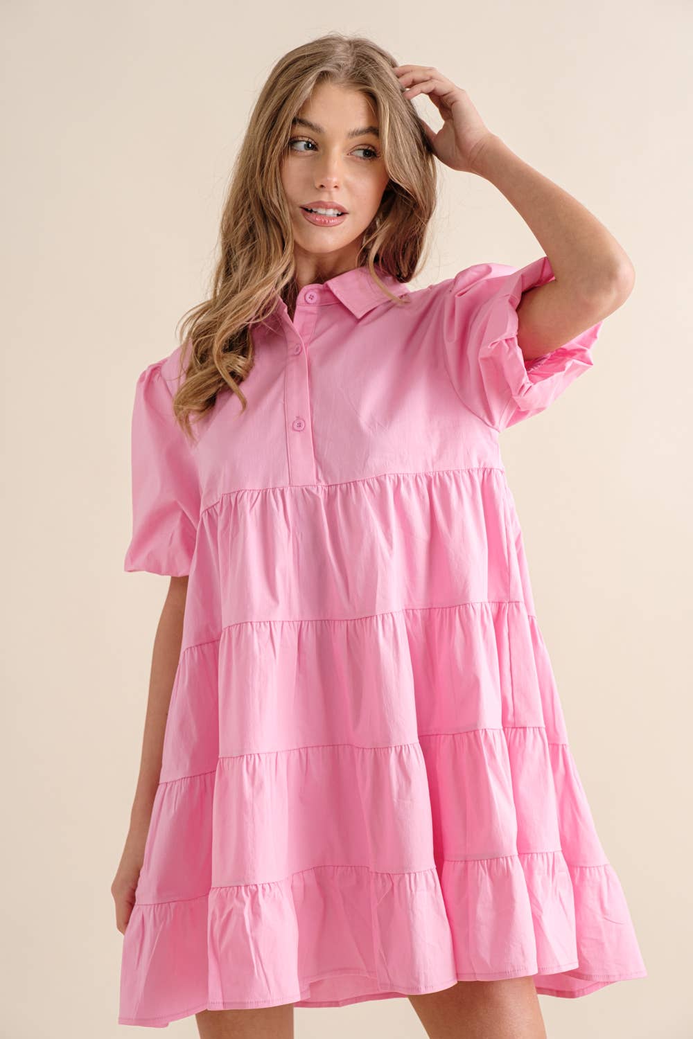 Button Up Tiered Puff SLV Shirt Dress