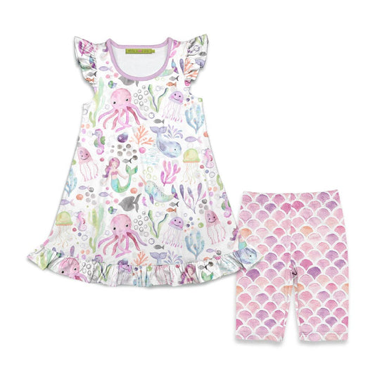 Girls White Octopus Sea Angel-Sleeve Top & Bike Shorts