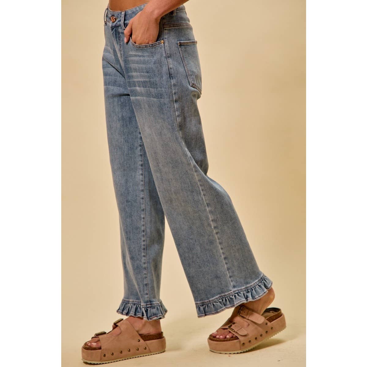 Ruffled Bottom Detail Mid Rise Denim Jeans Pants