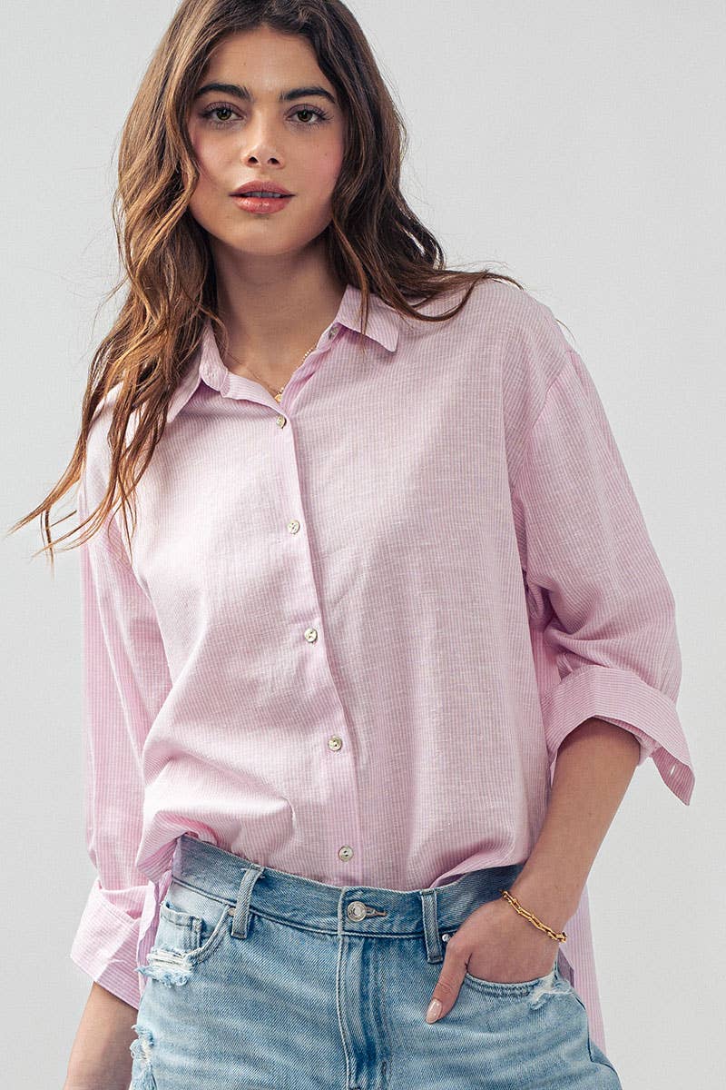 Lightweight Pinstripe Button Down in Cotton Linen Blend