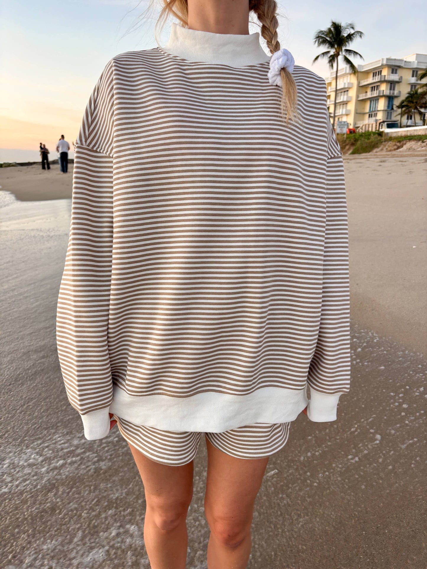 Brown and White Striped Mockneck Sweatshirt