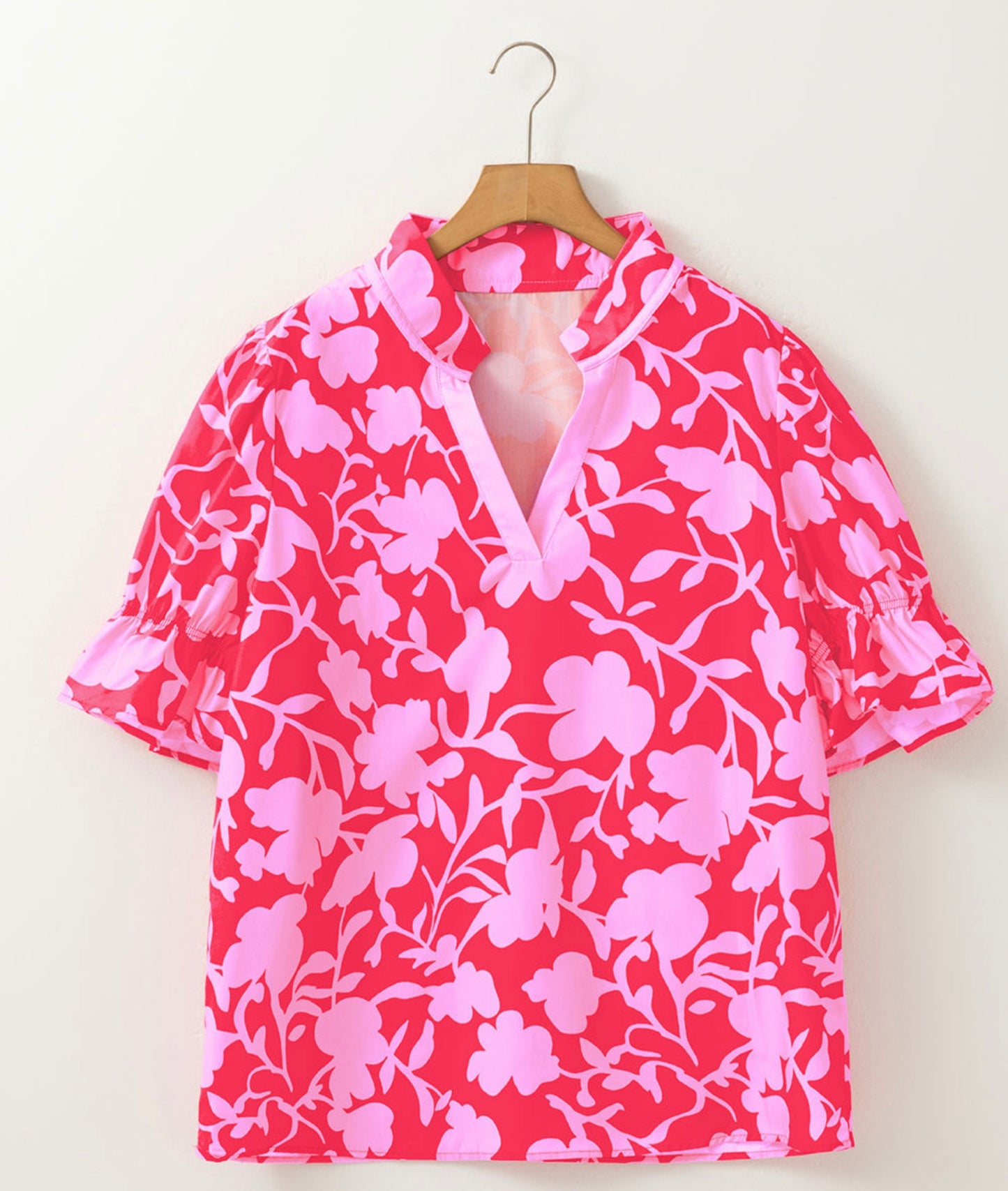 Red and Pink Floral V Neck Top with Puff Sleeves