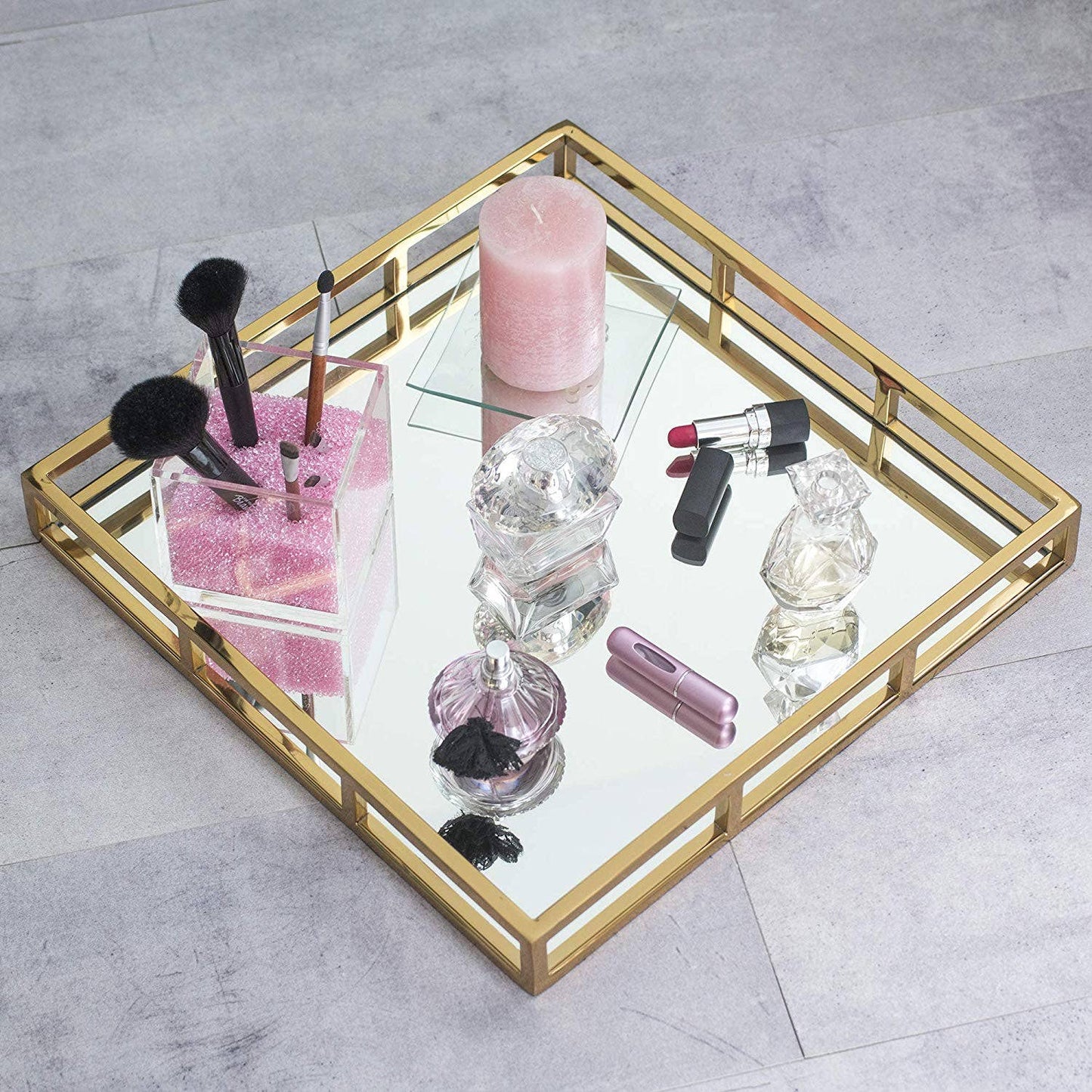 16" Square Mirror Tray- Gold