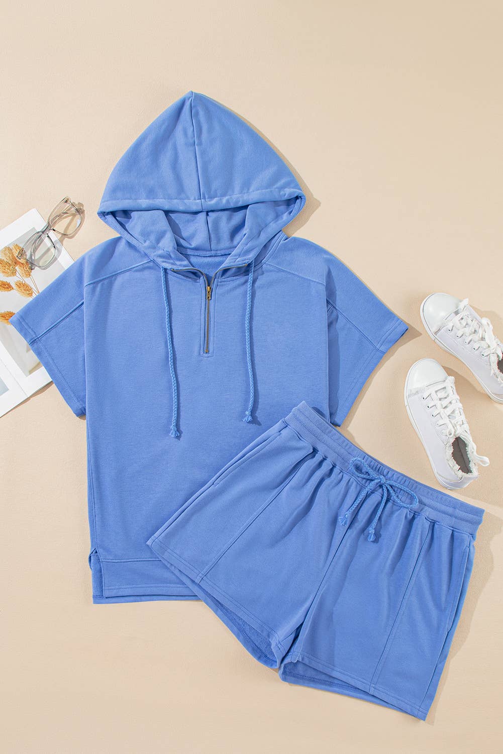 Solid Zipped Short Sleeve Hoodie & Shorts Set