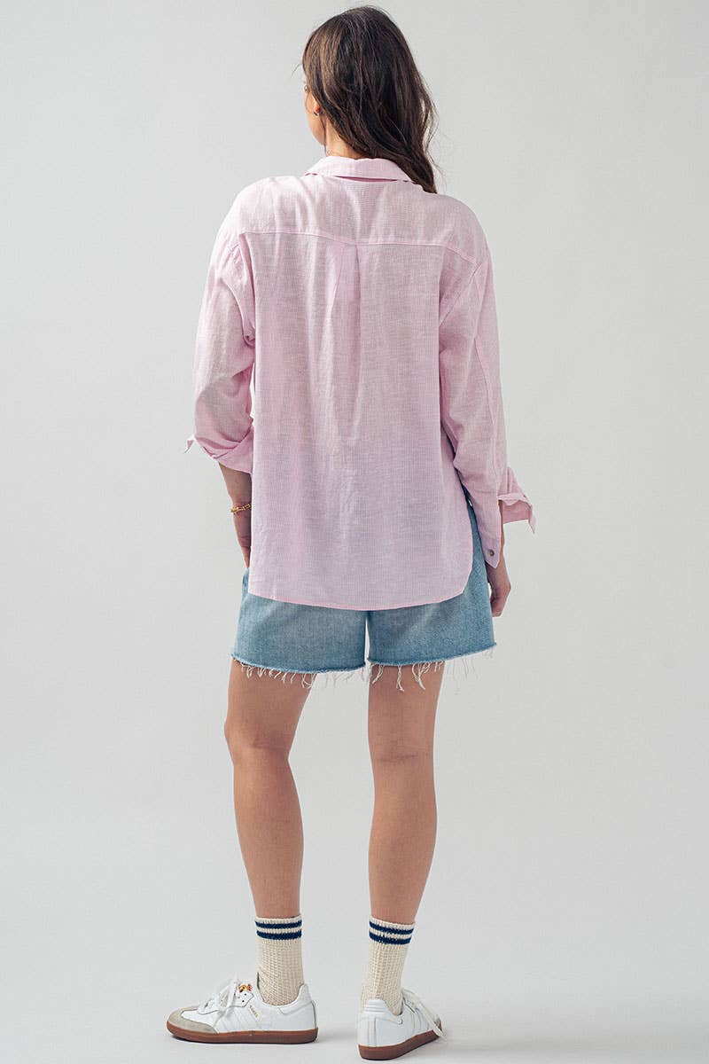 Lightweight Pinstripe Button Down in Cotton Linen Blend