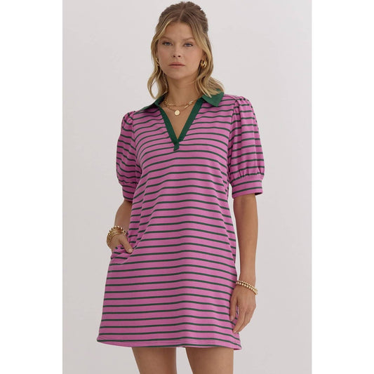 Stripe print v-neck puff sleeve collared dress