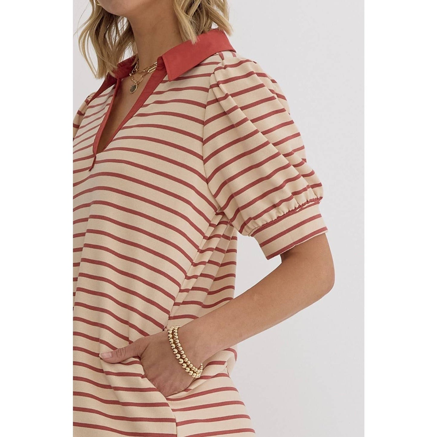 Stripe print v-neck puff sleeve collared dress