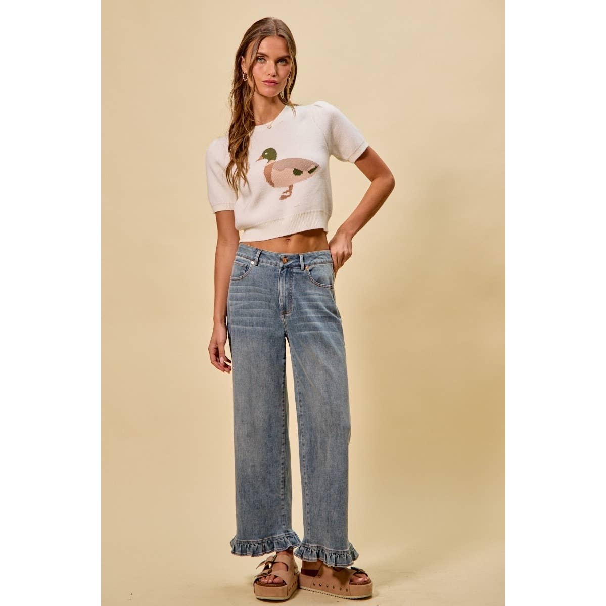 Ruffled Bottom Detail Mid Rise Denim Jeans Pants
