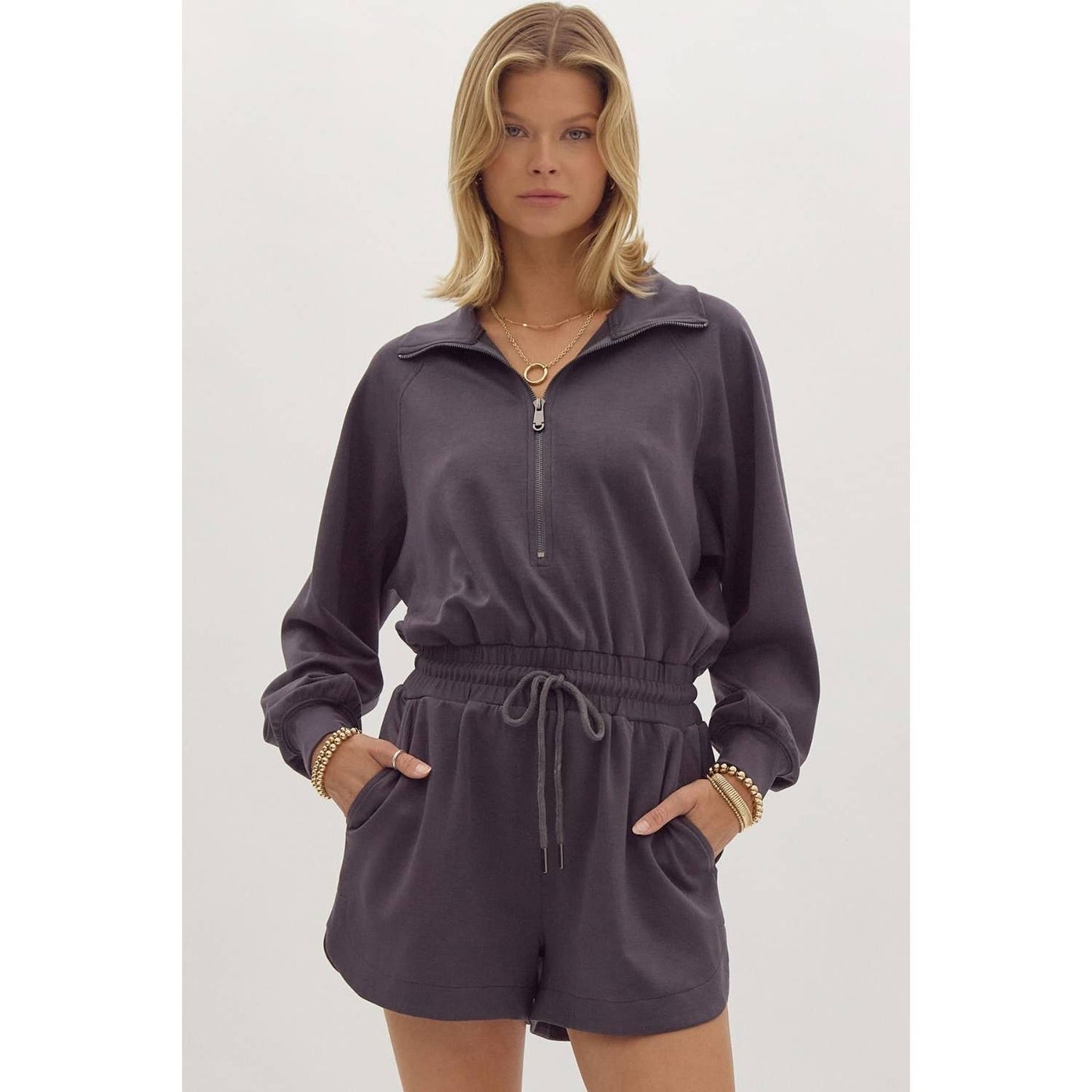 Solid long sleeve half zip collared romper