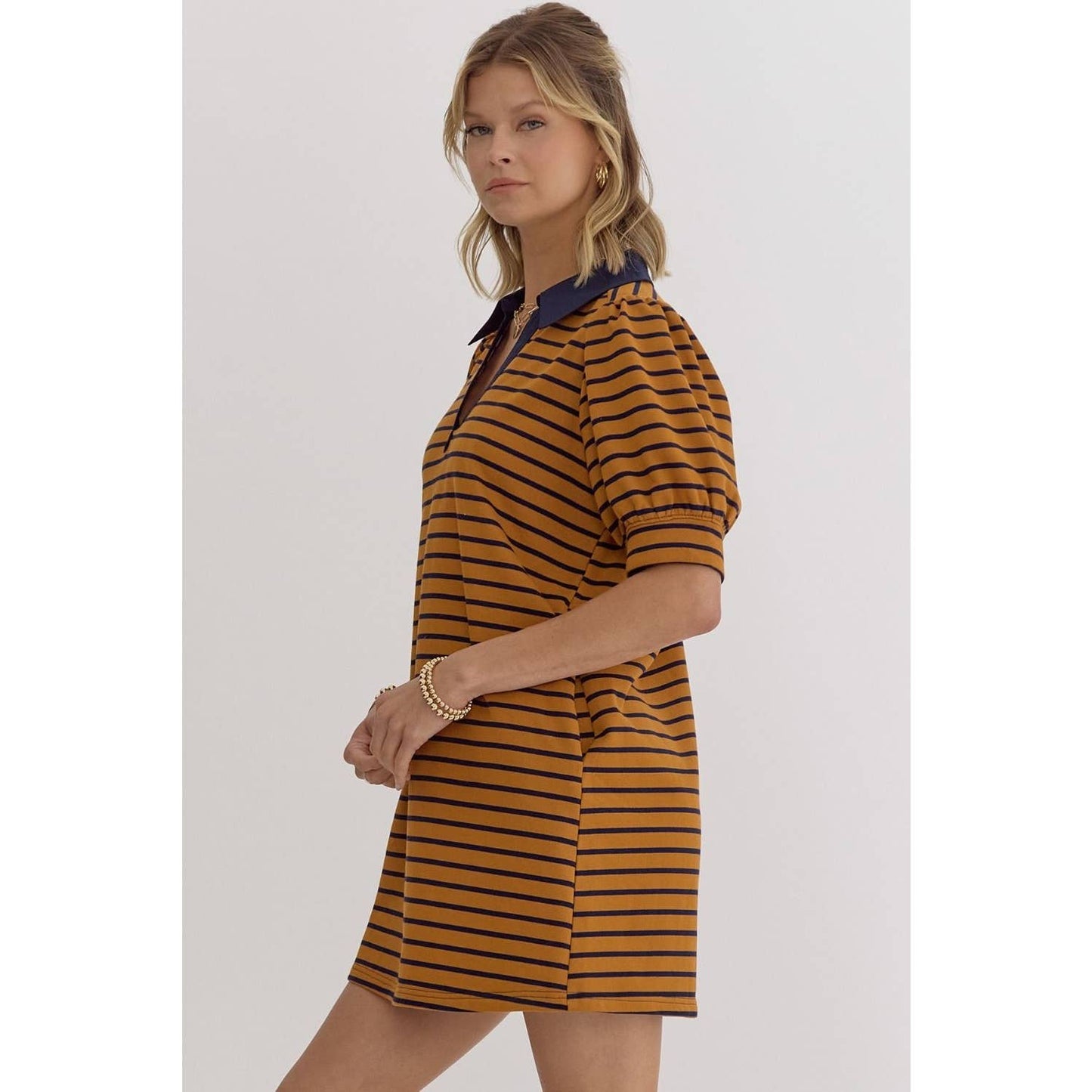 Stripe print v-neck puff sleeve collared dress