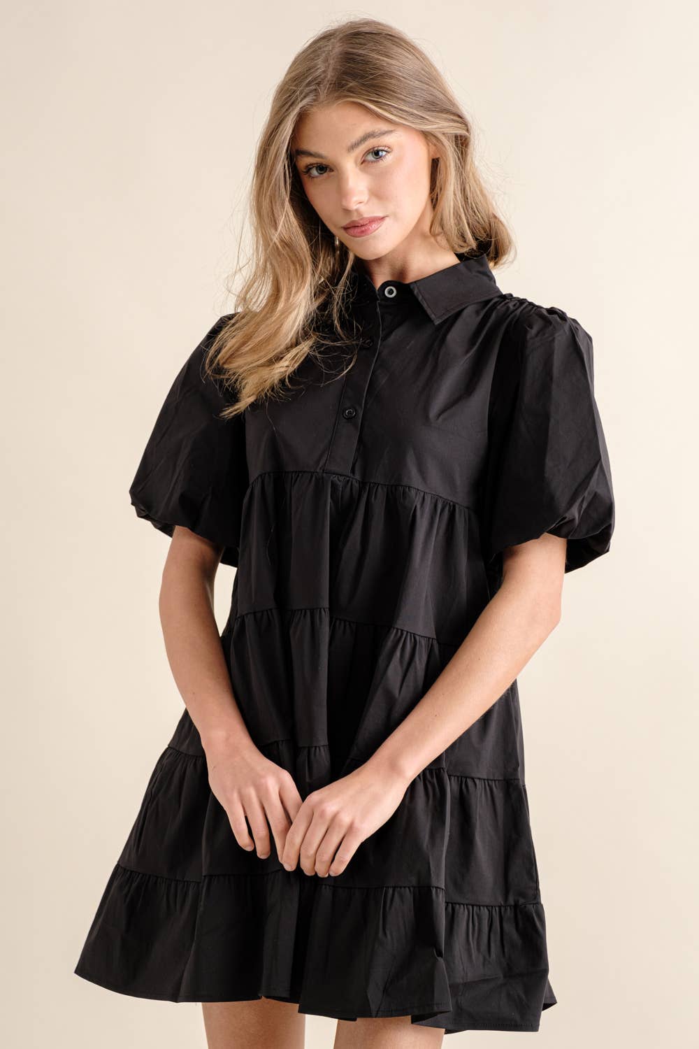 Button Up Tiered Puff SLV Shirt Dress