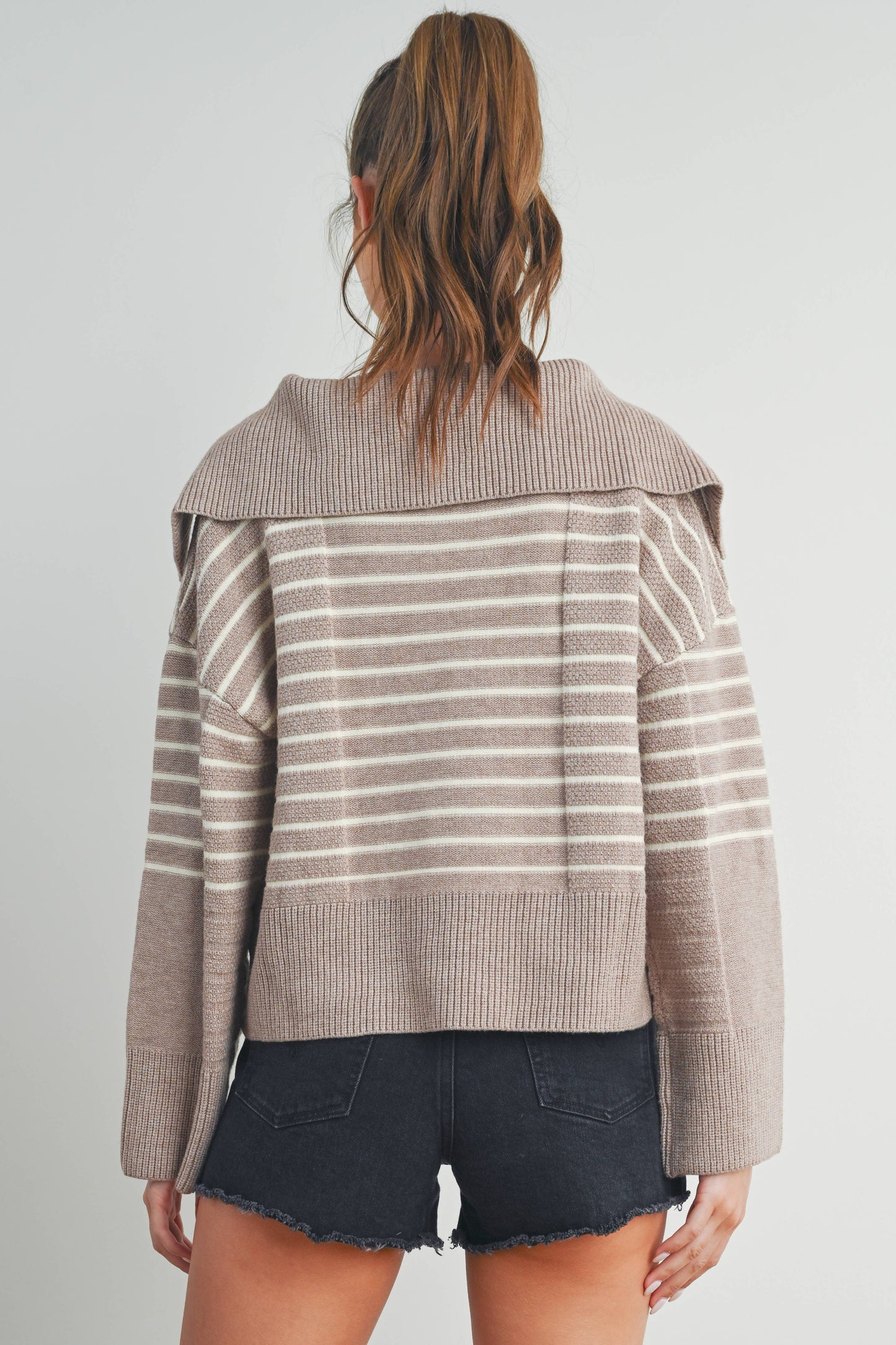 TEXTURED STRIPED V-NECK BIG COLLAR LS SWEATER - BMW7247