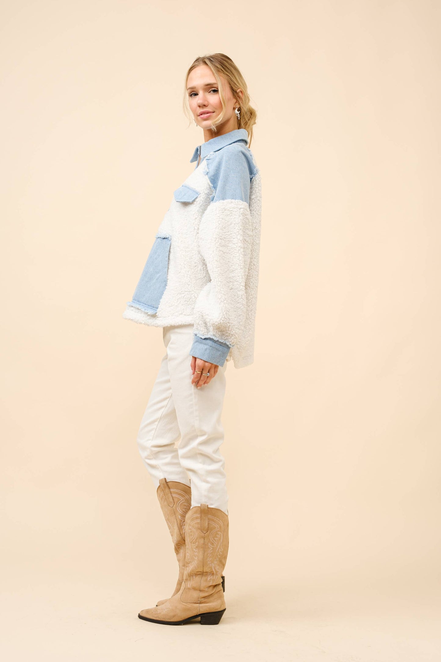 Teddy Denim Mix Media Zip Up Pullover
