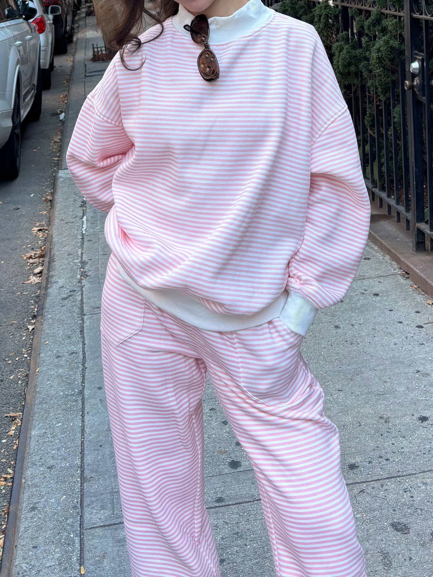 Light Pink and White Striped Mockneck Sweatshirt