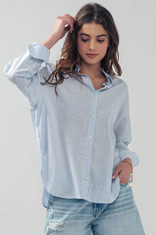 Lightweight Pinstripe Button Down in Cotton Linen Blend