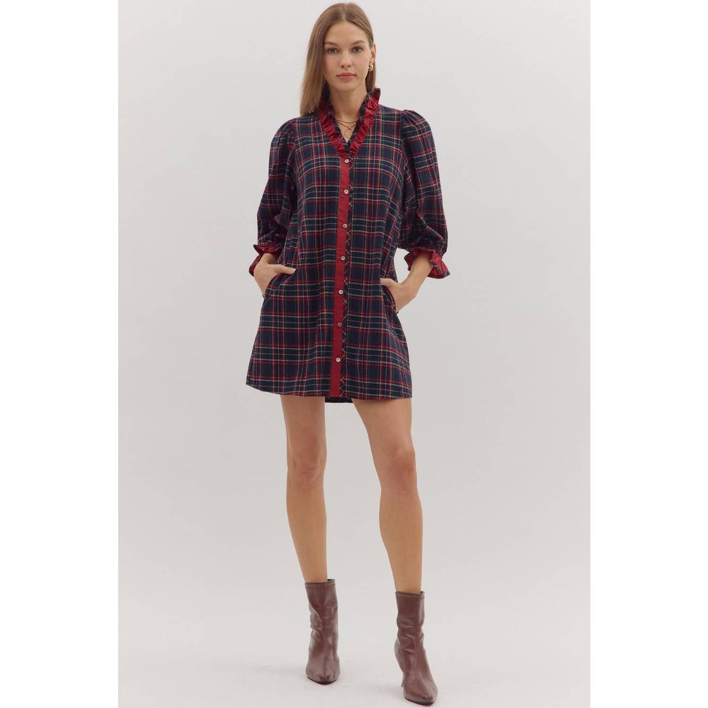 Plaid puff sleeve mini dress