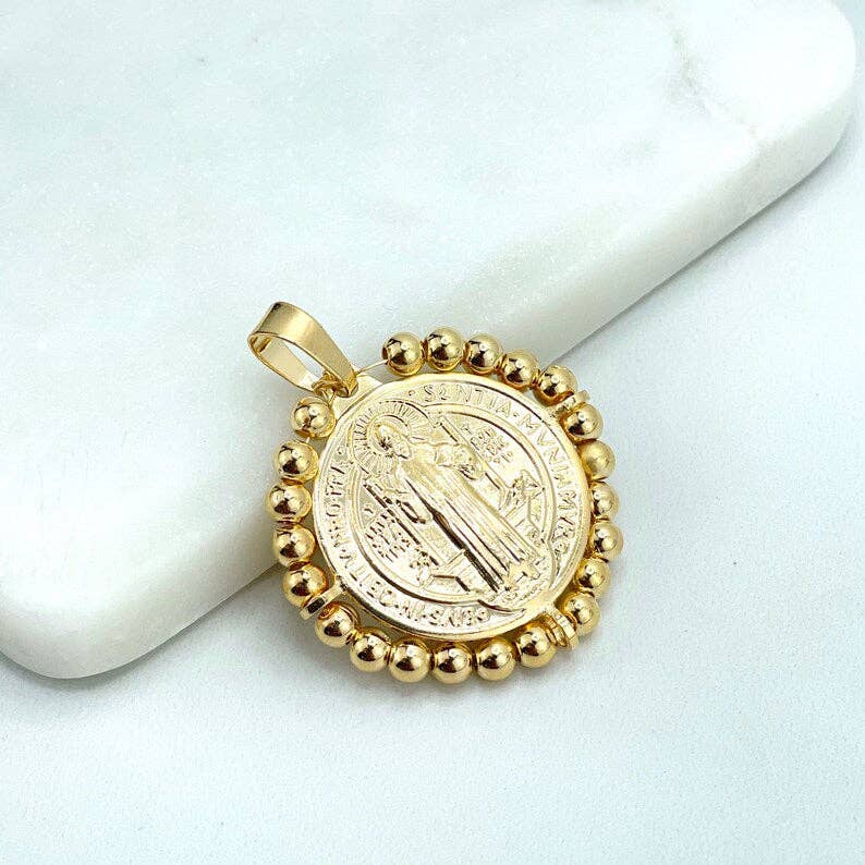 18k Gold Filled Religious Medal Medallion San Benito Coin Pendant Charms with Gold Beads, Catholic Jewelry, Wholesale