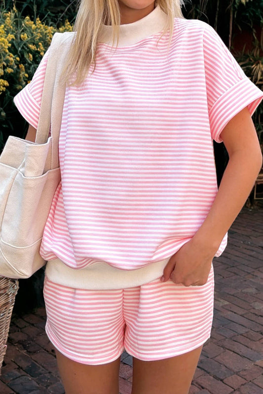 Stripe Oversize Mock Neck Short Sleeve Sweatshirt and Shorts Set