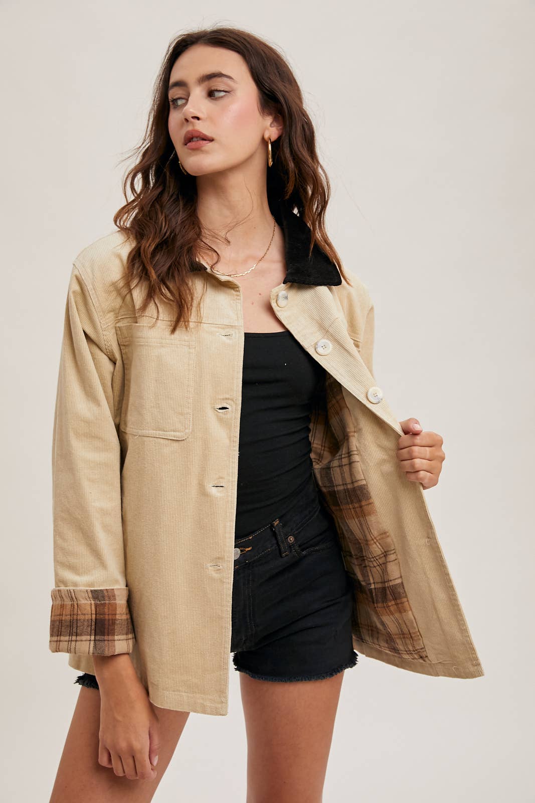 CORDUROY BUTTON DOWN BARN COAT INNER PLAID