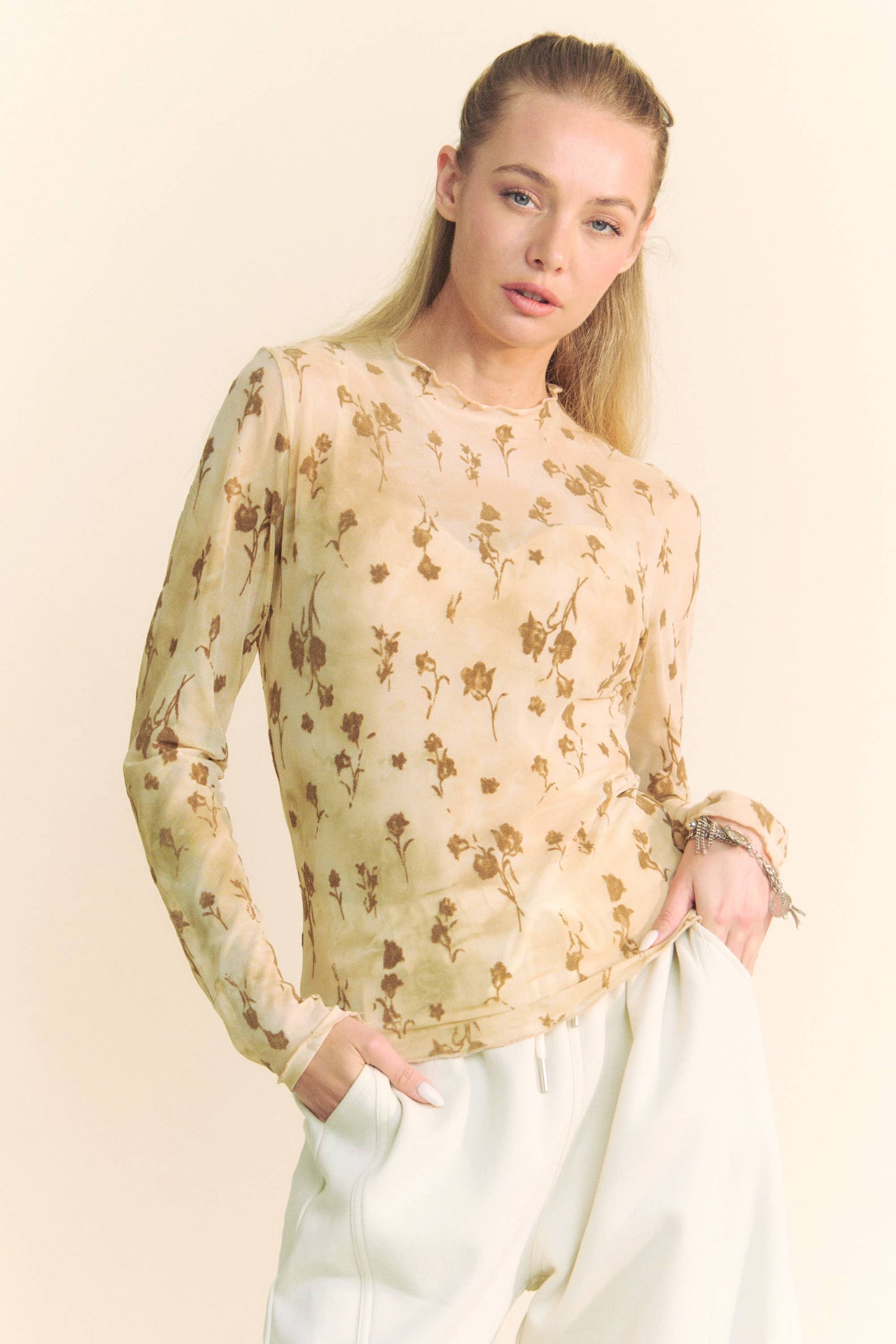 FLORAL MESH LONG SLEEVE SHEER LAYERING TOP