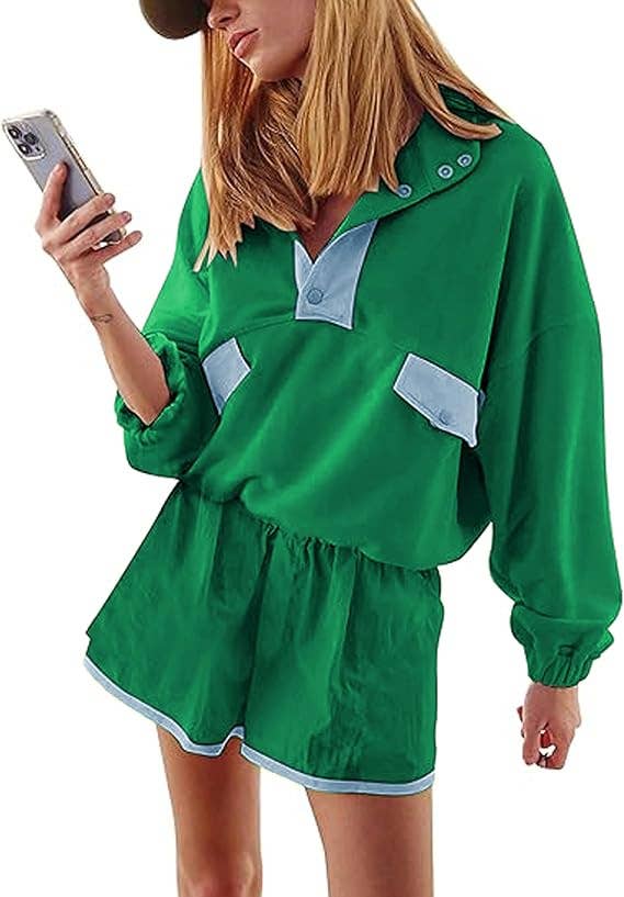 Color Blocks half button sweatshirt & shorts sporty set