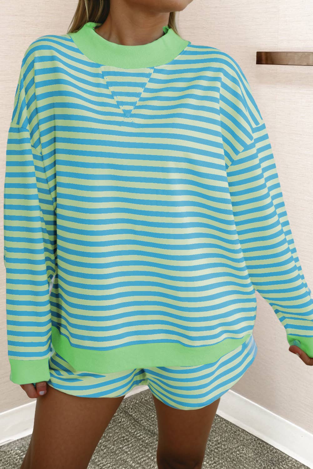 Stripe Pullover and Elastic Waist Shorts 2pcs Set