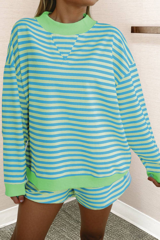 Stripe Pullover and Elastic Waist Shorts 2pcs Set