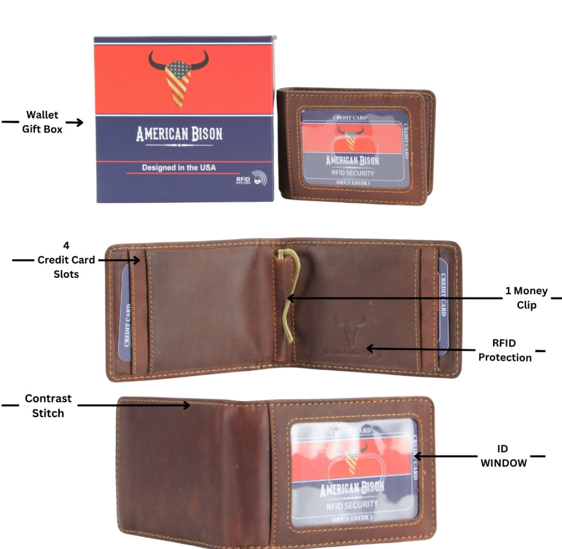 American Bison RFID Leather Bi Fold Center Metal Money Clip Wallet
