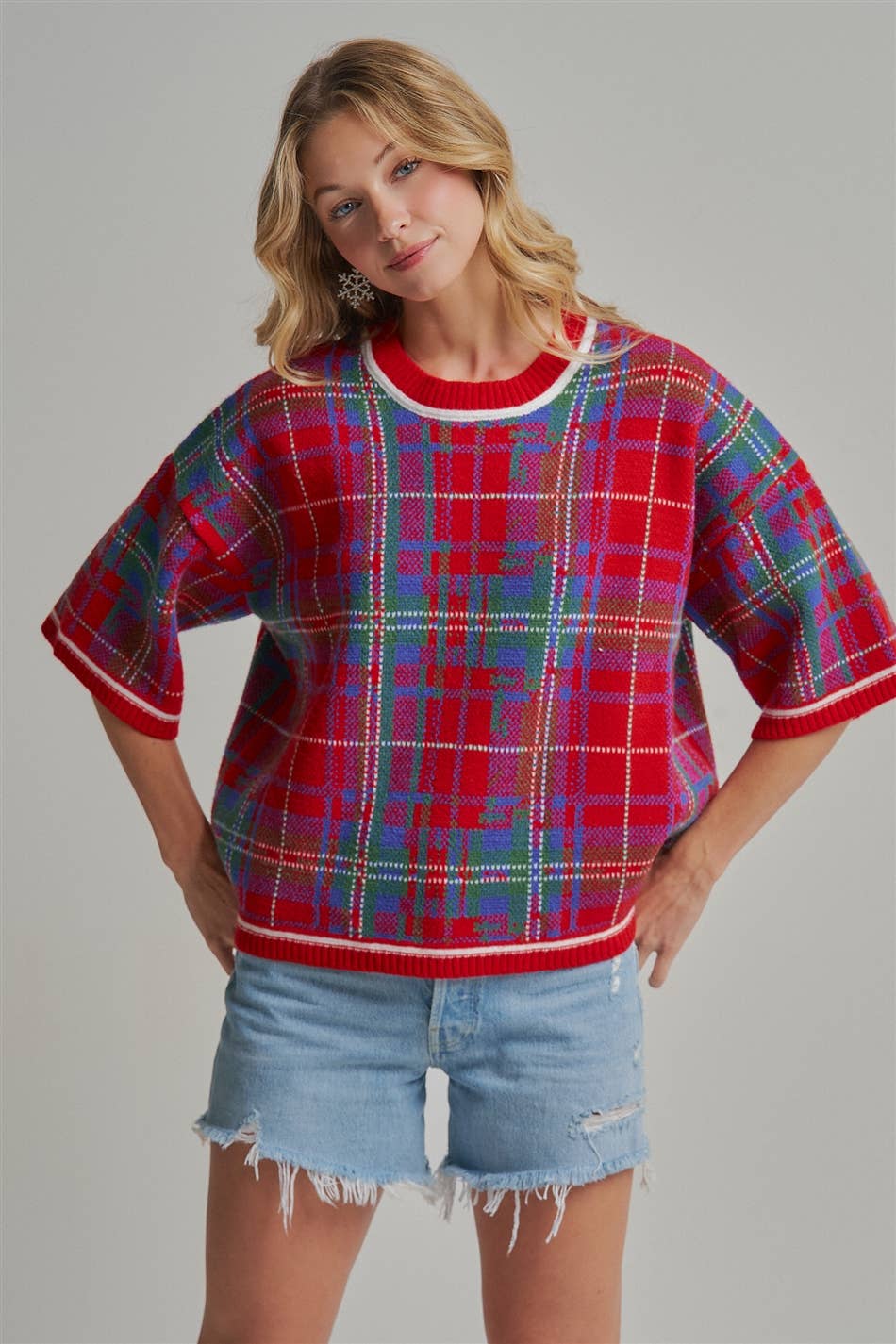 HOLIDAY CHRISTMAS PLAID DROP SHOULDER SWEATER_JLT00303-02