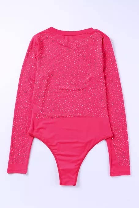 Rose Rhinestone O-neck Long Sleeve  Bodysuit