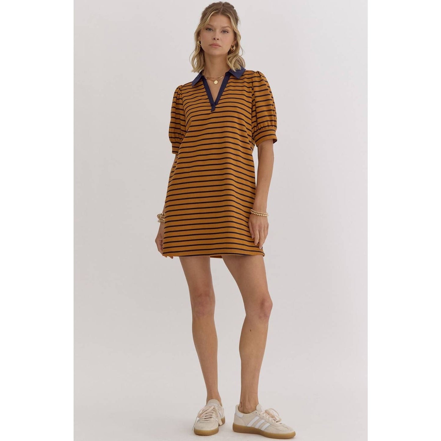 Stripe print v-neck puff sleeve collared dress