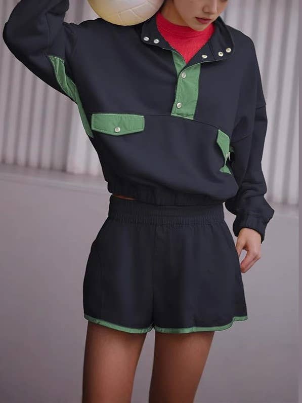 Color Blocks half button sweatshirt & shorts sporty set