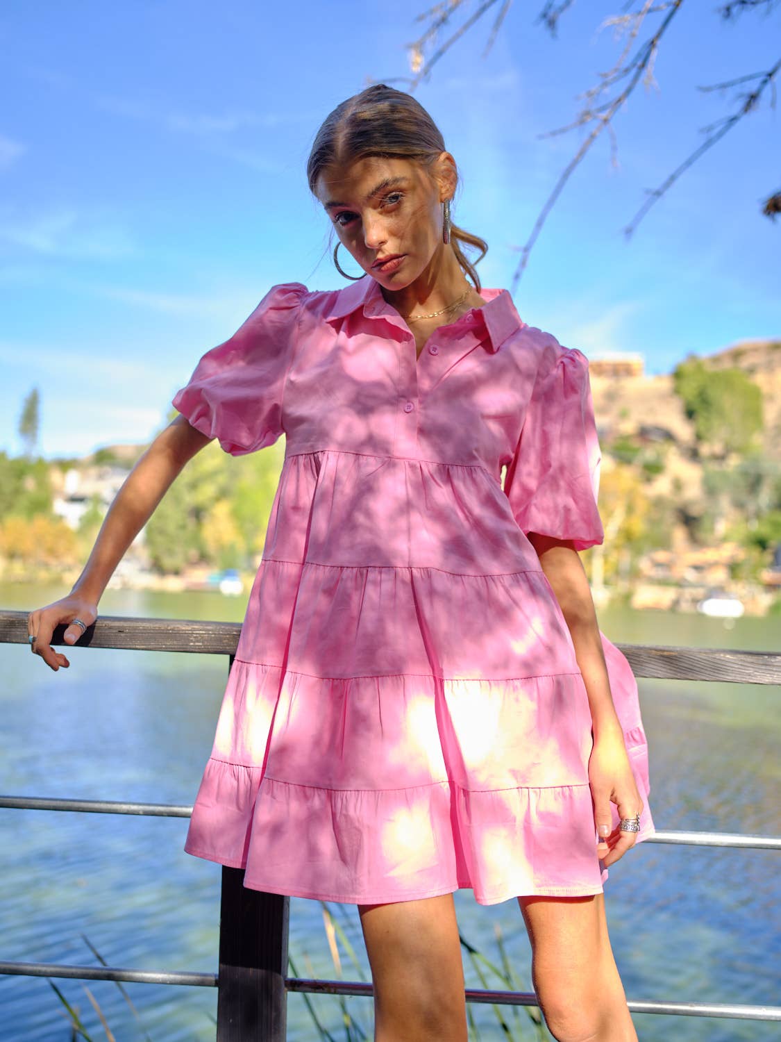 Button Up Tiered Puff SLV Shirt Dress