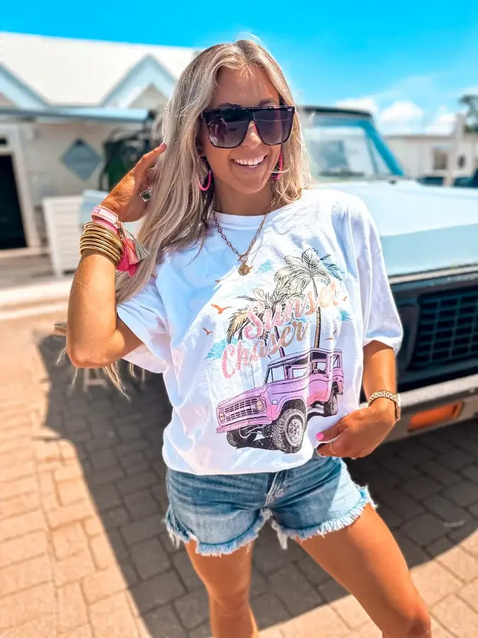 Sunset Chaser Bronco White Graphic Tee