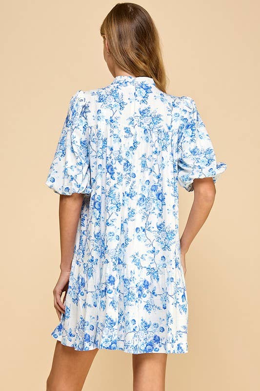 CD05062-Floral Print Puffed Sleeves Accent Bow Dress