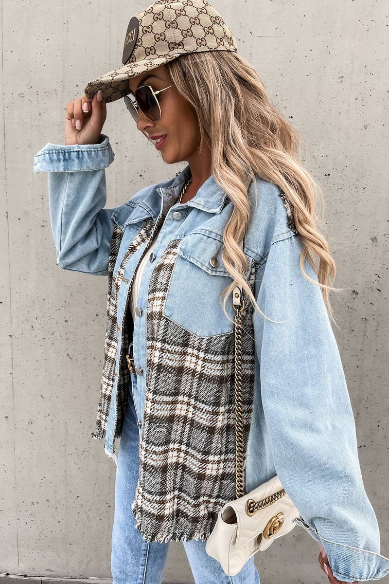 WOMEN DENIM PATCHWORK PLAID JACKET