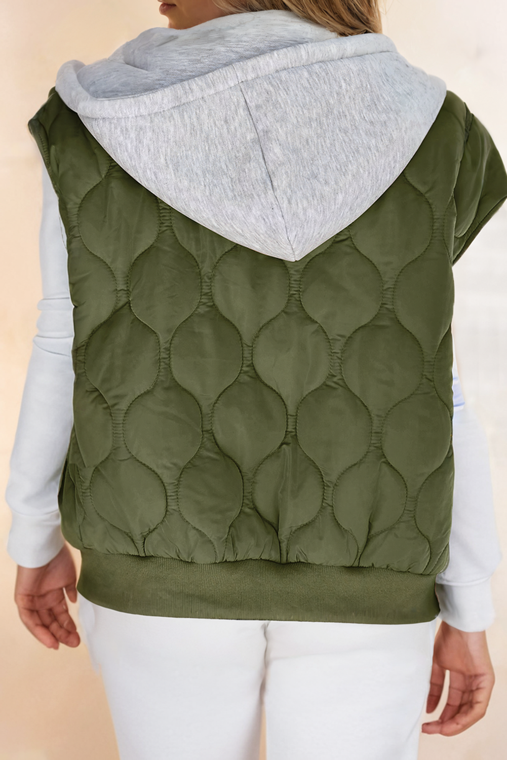 Quilted Drawstring Sleeveless Hooded Zip Up Puffer Vest