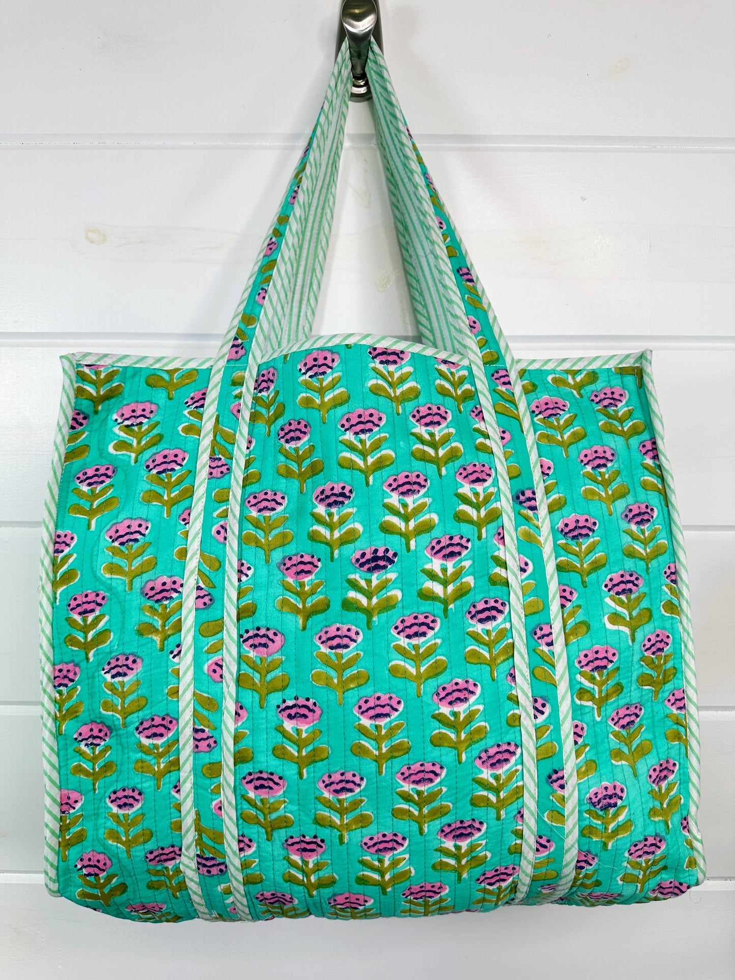 Aqua Floral Large Quilted Tote Bag – Handmade, Reversible