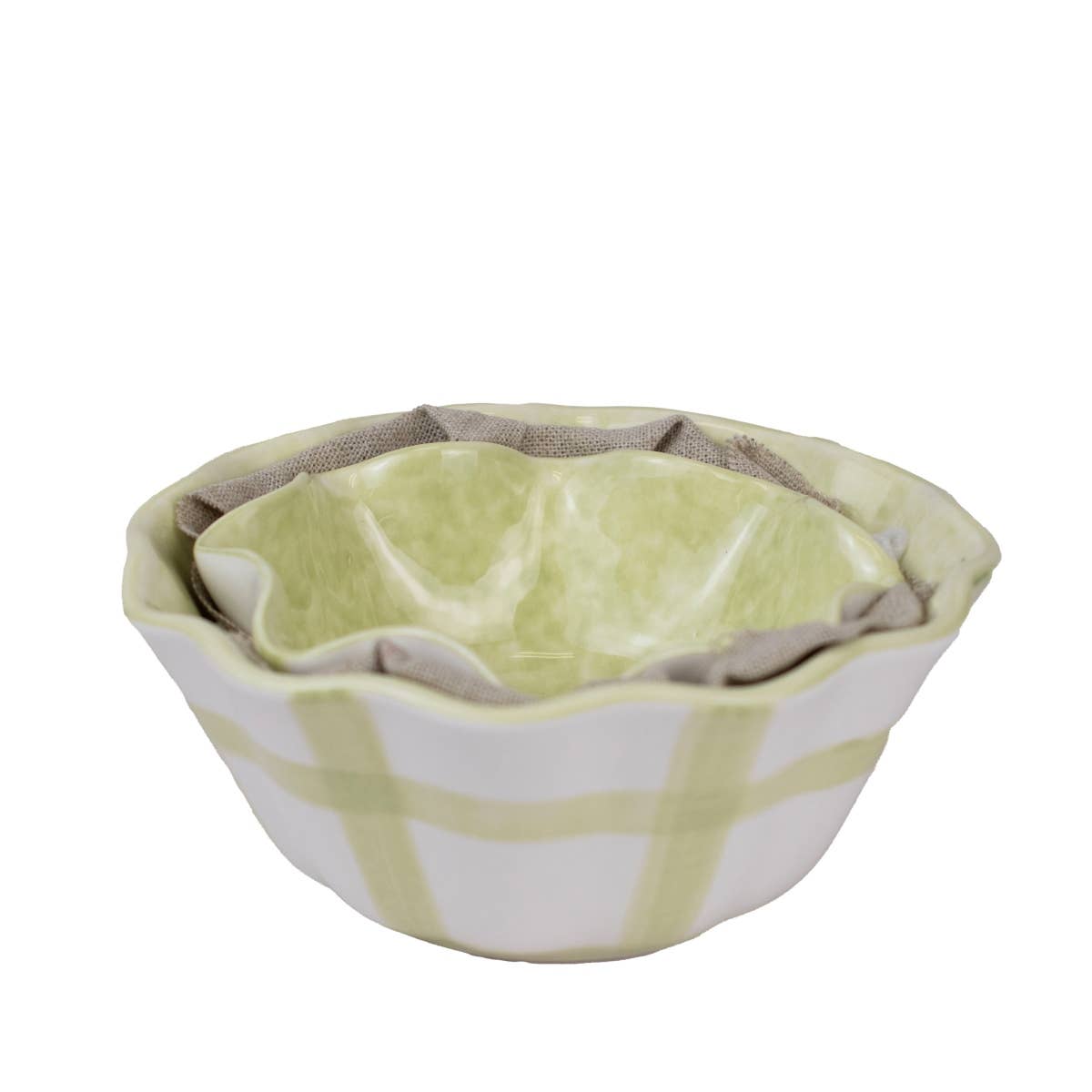 Gingham Ruffle Nesting Bowls White/Green Set of 2