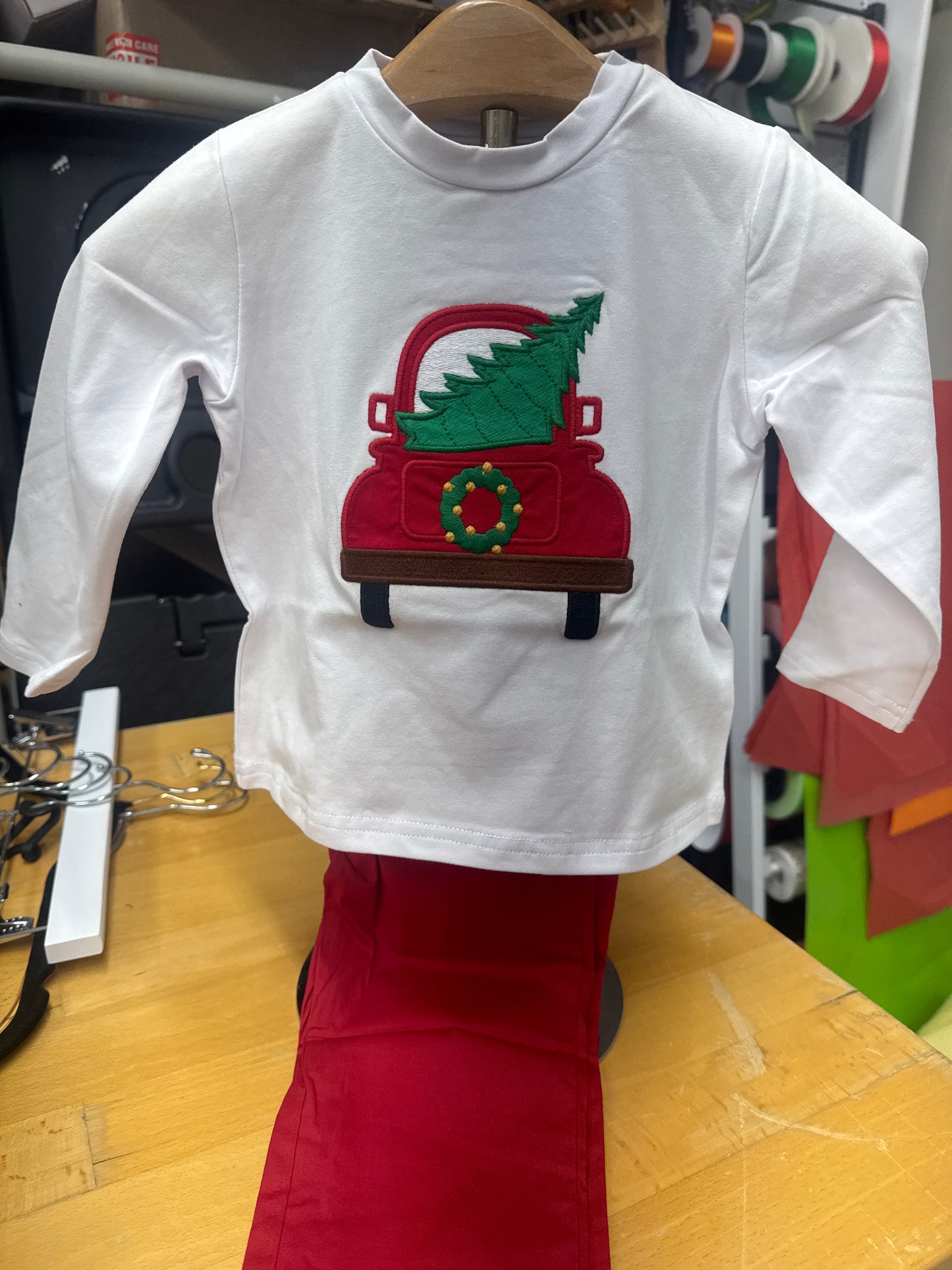 Red Truck with Christmas Tree Appliqué Shirt and Red Pants