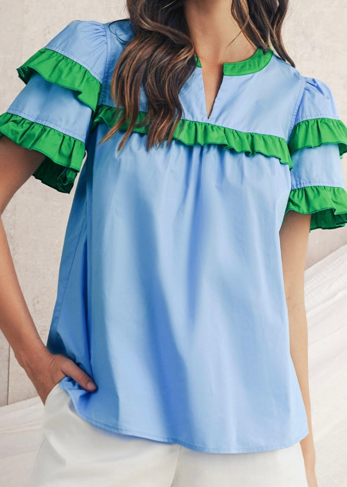 Blue Ruffle Trim Top