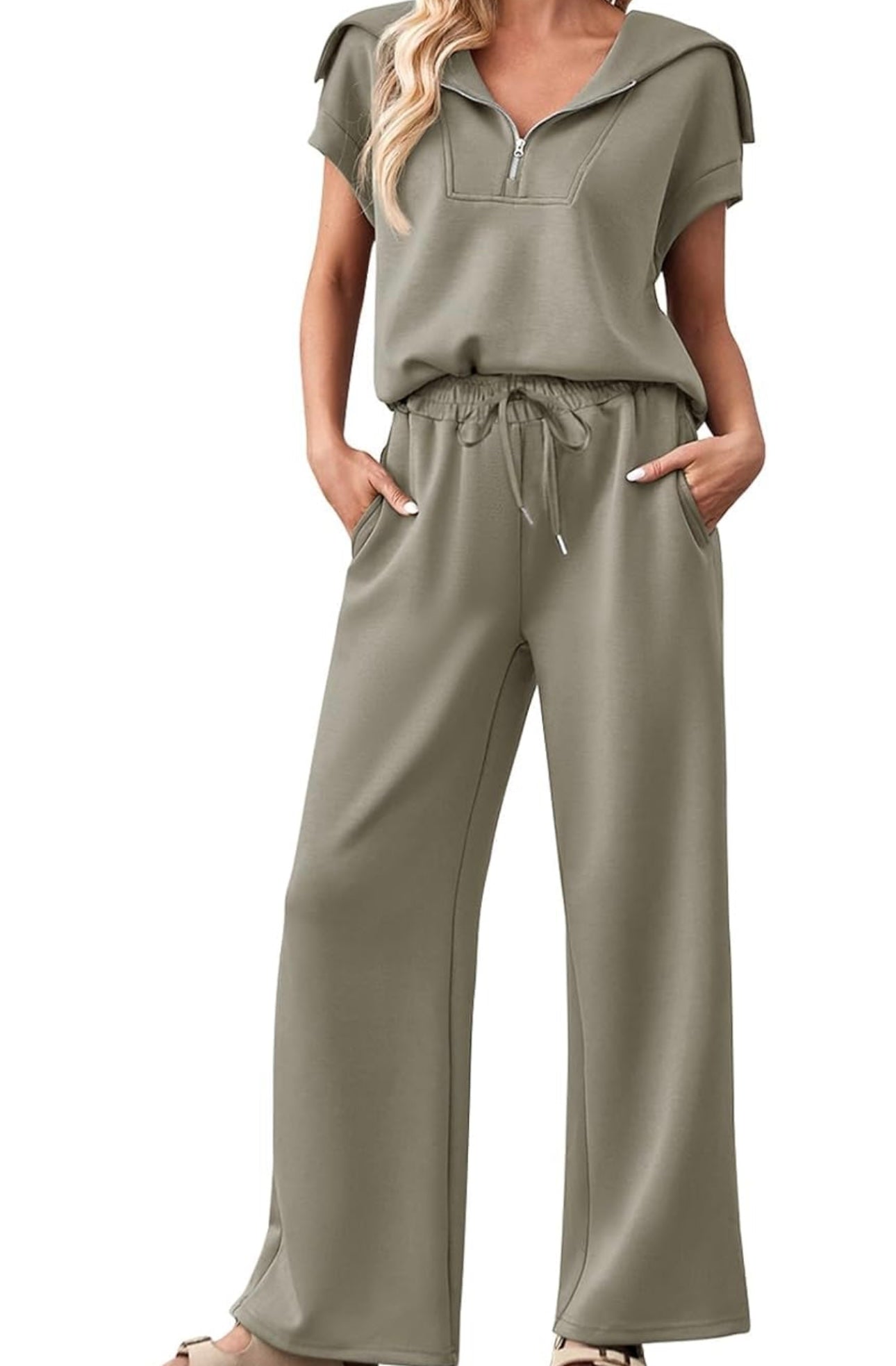 2pc Pant Set 1/2 Zip Grey Taupe