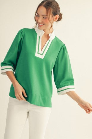 Color Contrast Accent Standing Collar Top-Kelly Green