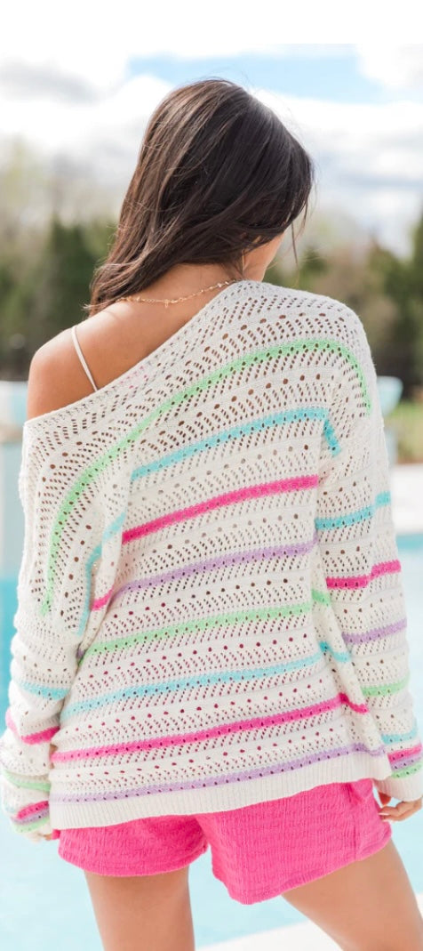 SHADES OF SUMMER IVORY MULTI STRIPE OPEN KNIT SWEATER