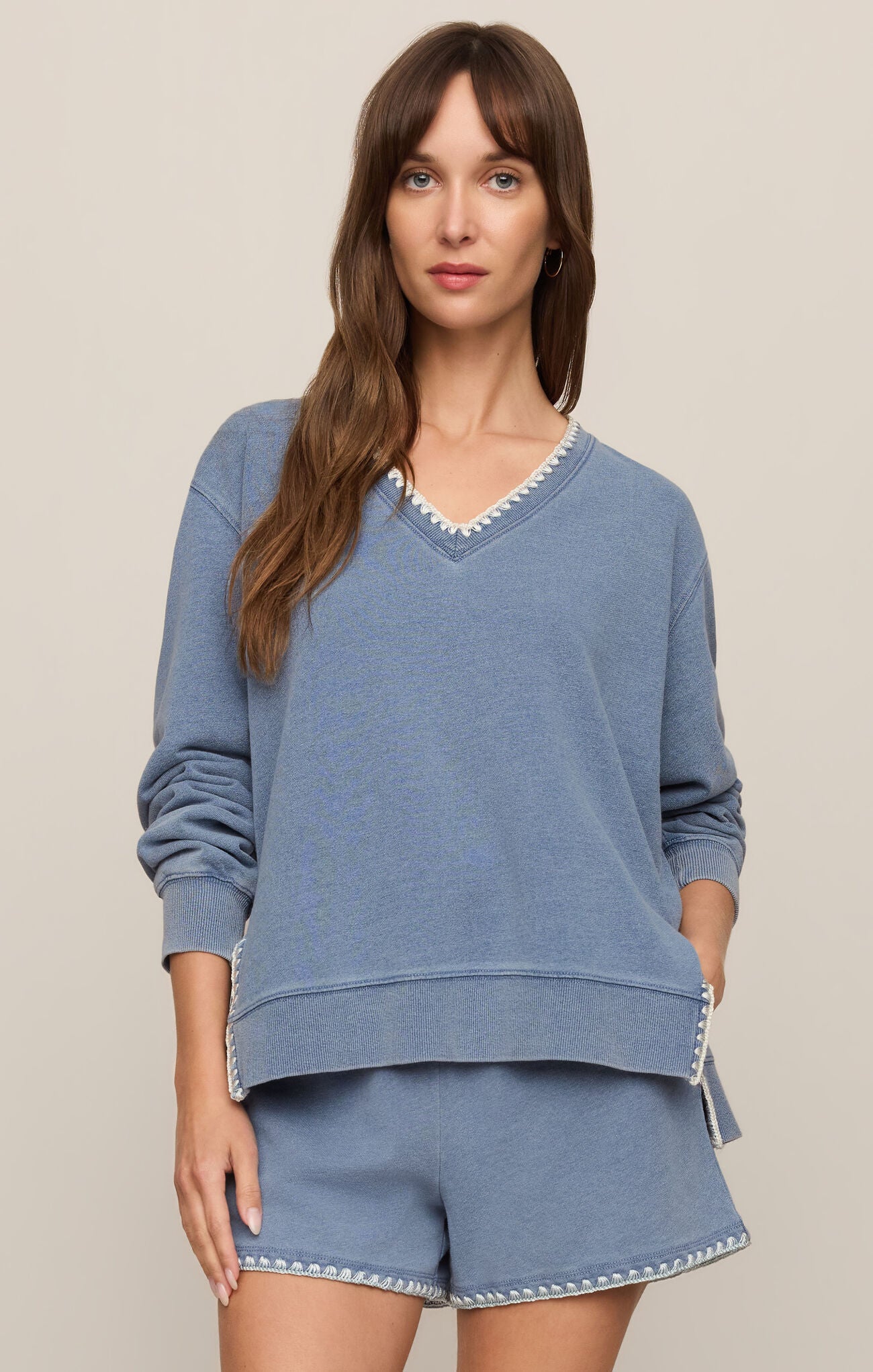 Z Supply Cam Knit Denim Whipstitch Top